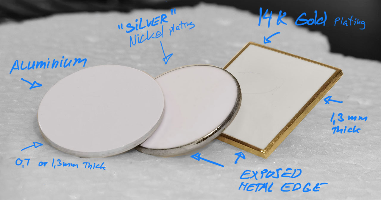5 Day rush lapel pins - available in coated aluminium, platinum or 14k gold plating - we price based on the coated aluminum as this is the most popular stock shape - 1inch pieces are 1.3mm thick - the 2inch sizes are thinner for weight reasons 5 Day rush lapel pins - available in coated aluminium, platinum or 14k gold plating - we price based on the coated aluminum as this is the most popular stock shape - 1inch pieces are 1.3mm thick - the 2inch sizes are thinner for weight reasons